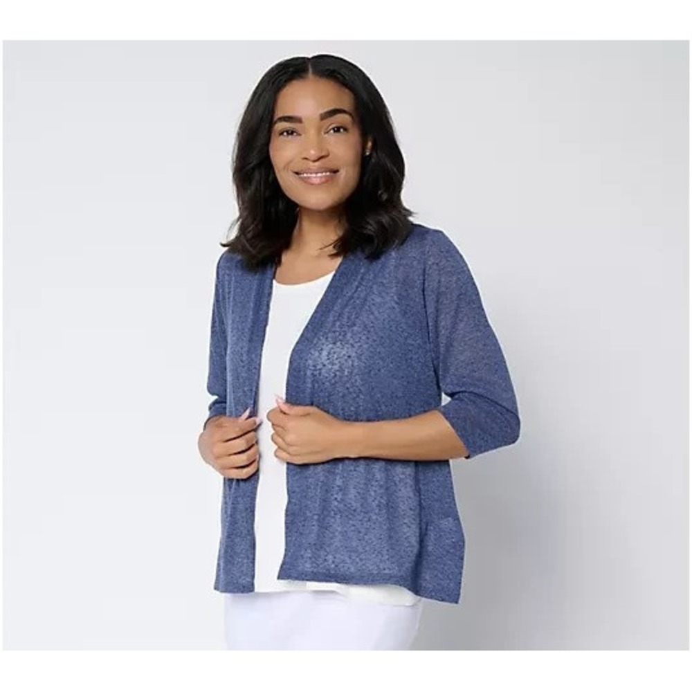 Denim & Co. Slub Knit Open Front 3/4-Sleeve Cardigan Indigo, Large